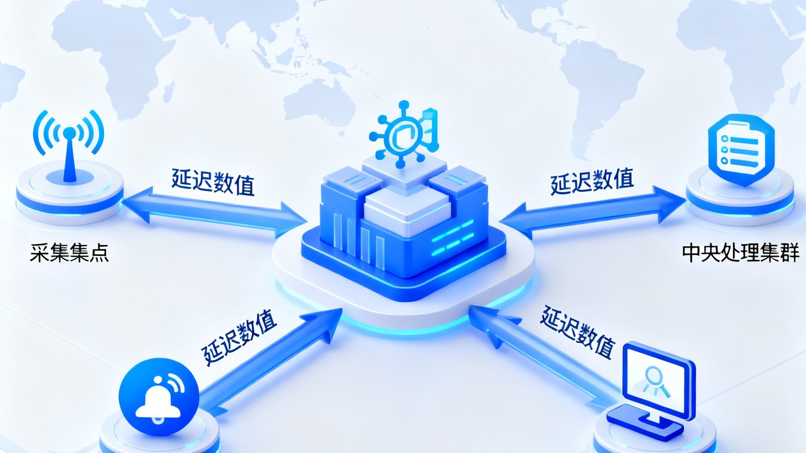 技术架构示意图，展示了从全球多个数据采集点到中央处理集群再到用户终端的实时数据流转管道，箭头和节点图标清晰标注着各环节的延迟数值